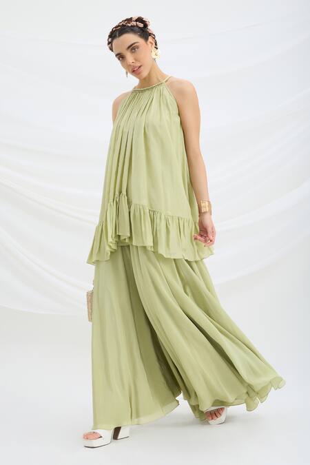 Buy_Mirroir_Green Chiffon, Linen Halter Neck Pista Kurta And Sharara Set _Online_at_Aza_Fashions