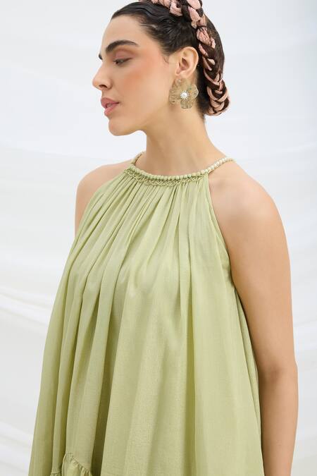 Mirroir_Green Chiffon, Linen Halter Neck Pista Kurta And Sharara Set _at_Aza_Fashions