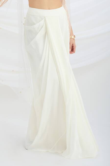 Mirroir Off White Viscose, Net Embroidery, Sequins Open Neck, Jacket And Draped Skirt Set Online at Aza Fashions Mirroir_Off White Viscose, Net Embroidery, Sequins Open Neck, Jacket And Draped Skirt Set _Online_at_Aza_Fashions