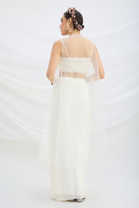 Shop Mirroir Off White Viscose, Net Embroidery, Sequins Open Neck, Jacket And Draped Skirt Set at Aza Fashions Shop_Mirroir_Off White Viscose, Net Embroidery, Sequins Open Neck, Jacket And Draped Skirt Set _at_Aza_Fashions