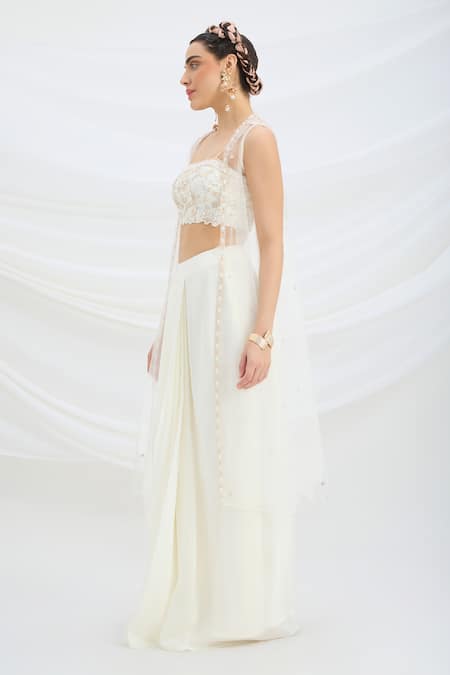Buy Mirroir Off White Viscose, Net Embroidery, Sequins Open Neck, Jacket And Draped Skirt Set Online at Aza Fashions Buy_Mirroir_Off White Viscose, Net Embroidery, Sequins Open Neck, Jacket And Draped Skirt Set _Online_at_Aza_Fashions