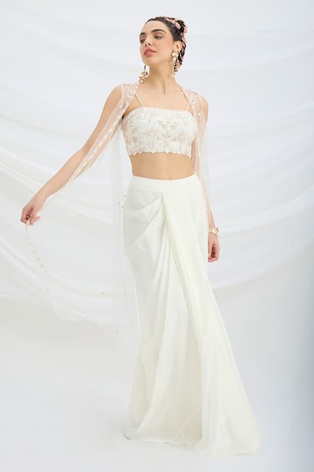Shop Mirroir Off White Viscose, Net Embroidery, Sequins Open Neck, Jacket And Draped Skirt Set Online at Aza Fashions Shop_Mirroir_Off White Viscose, Net Embroidery, Sequins Open Neck, Jacket And Draped Skirt Set _Online_at_Aza_Fashions
