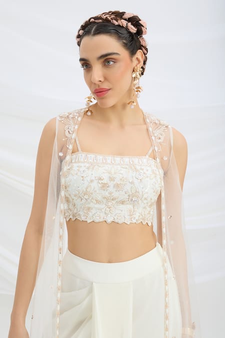 Mirroir Off White Viscose, Net Embroidery, Sequins Open Neck, Jacket And Draped Skirt Set at Aza Fashions Mirroir_Off White Viscose, Net Embroidery, Sequins Open Neck, Jacket And Draped Skirt Set _at_Aza_Fashions