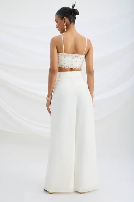Shop Mirroir Ivory Viscose, Crepe Beads Square Neck Embellished Crop Top And Pant Set at Aza Fashions Shop_Mirroir_Ivory Viscose, Crepe Beads Square Neck Embellished Crop Top And Pant Set _at_Aza_Fashions