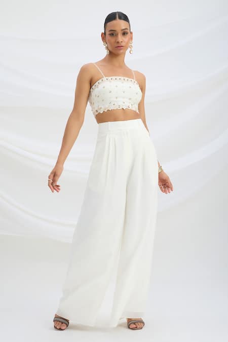 Mirroir Ivory Viscose, Crepe Beads Square Neck Embellished Crop Top And Pant Set Online at Aza Fashions Mirroir_Ivory Viscose, Crepe Beads Square Neck Embellished Crop Top And Pant Set _Online_at_Aza_Fashions