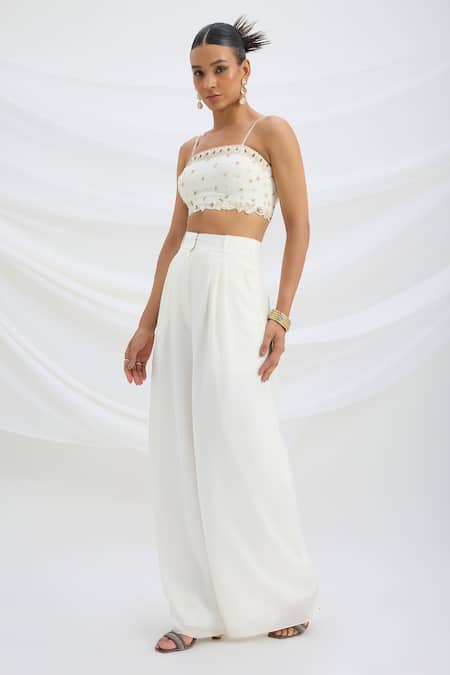 Buy Mirroir Ivory Viscose, Crepe Beads Square Neck Embellished Crop Top And Pant Set Online at Aza Fashions Buy_Mirroir_Ivory Viscose, Crepe Beads Square Neck Embellished Crop Top And Pant Set _Online_at_Aza_Fashions