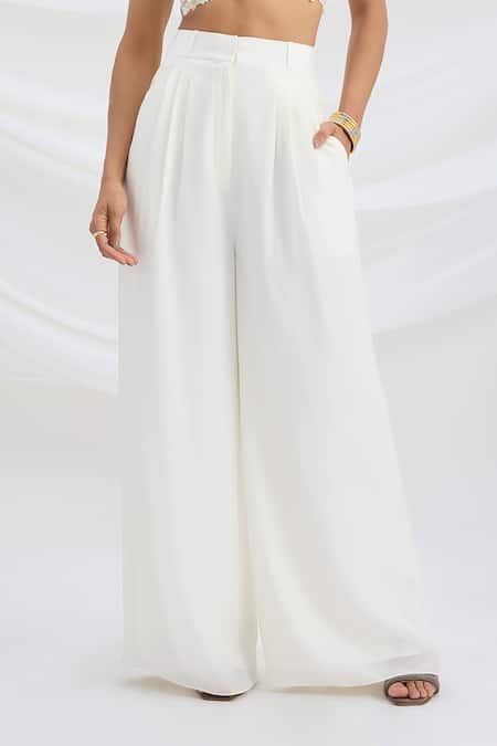 Shop Mirroir Ivory Viscose, Crepe Beads Square Neck Embellished Crop Top And Pant Set Online at Aza Fashions Shop_Mirroir_Ivory Viscose, Crepe Beads Square Neck Embellished Crop Top And Pant Set _Online_at_Aza_Fashions