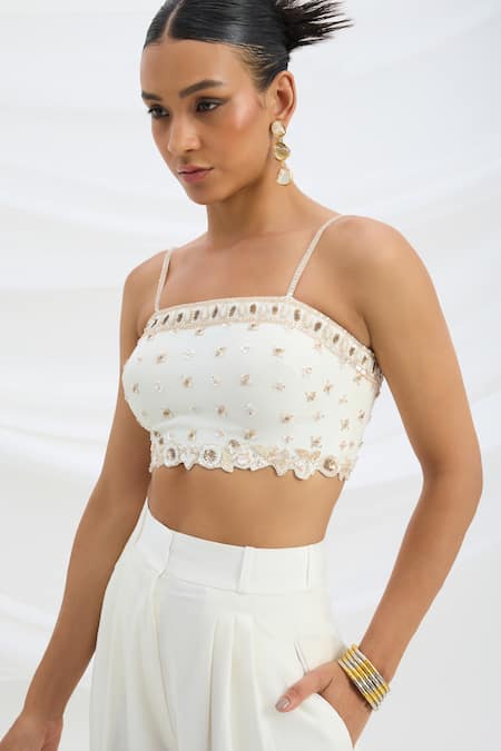 Mirroir Ivory Viscose, Crepe Beads Square Neck Embellished Crop Top And Pant Set at Aza Fashions Mirroir_Ivory Viscose, Crepe Beads Square Neck Embellished Crop Top And Pant Set _at_Aza_Fashions