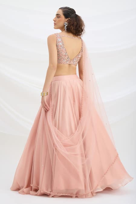 Shop Mirroir Peach Viscose, Net Sequins, Embroidery, Beads Round Neck Lehenga Set at Aza Fashions Shop_Mirroir_Peach Viscose, Net Sequins, Embroidery, Beads Round Neck Lehenga Set _at_Aza_Fashions