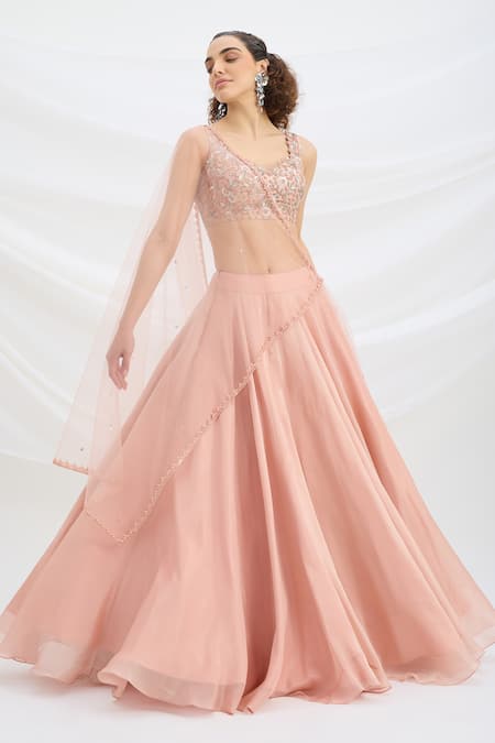 Mirroir Peach Viscose, Net Sequins, Embroidery, Beads Round Neck Lehenga Set Online at Aza Fashions Mirroir_Peach Viscose, Net Sequins, Embroidery, Beads Round Neck Lehenga Set _Online_at_Aza_Fashions