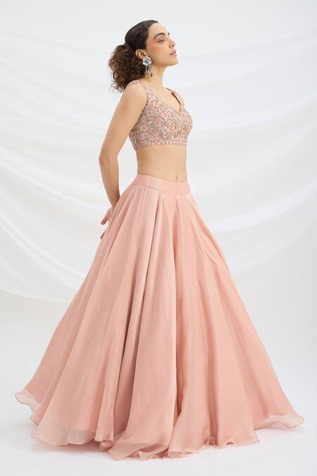 Buy Mirroir Peach Viscose, Net Sequins, Embroidery, Beads Round Neck Lehenga Set Online at Aza Fashions Buy_Mirroir_Peach Viscose, Net Sequins, Embroidery, Beads Round Neck Lehenga Set _Online_at_Aza_Fashions