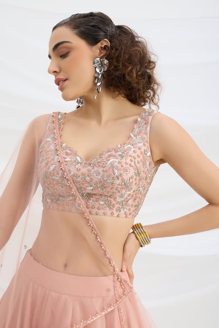 Shop Mirroir Peach Viscose, Net Sequins, Embroidery, Beads Round Neck Lehenga Set Online at Aza Fashions Shop_Mirroir_Peach Viscose, Net Sequins, Embroidery, Beads Round Neck Lehenga Set _Online_at_Aza_Fashions