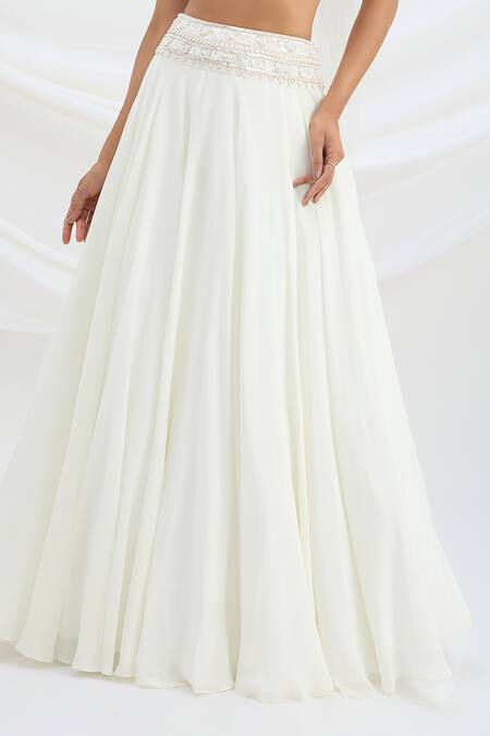 Mirroir_Ivory Viscose, Net Sequins, Beads, Embroidery V-neck Crepe Classic Lehenga Set _Online_at_Aza_Fashions
