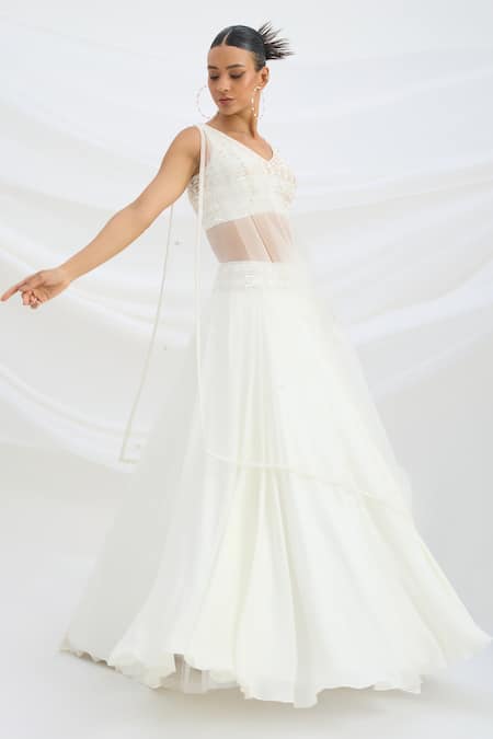 Buy_Mirroir_Ivory Viscose, Net Sequins, Beads, Embroidery V-neck Crepe Classic Lehenga Set _Online_at_Aza_Fashions