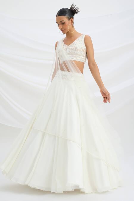 Shop_Mirroir_Ivory Viscose, Net Sequins, Beads, Embroidery V-neck Crepe Classic Lehenga Set _Online_at_Aza_Fashions
