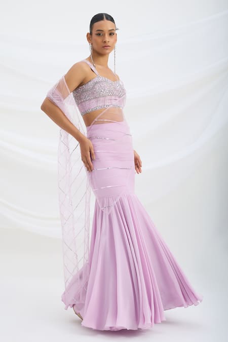 Mirroir_Lilac Viscose, Net Sequins, Beads Round Neck Purple Designer Lehenga Saree _Online_at_Aza_Fashions