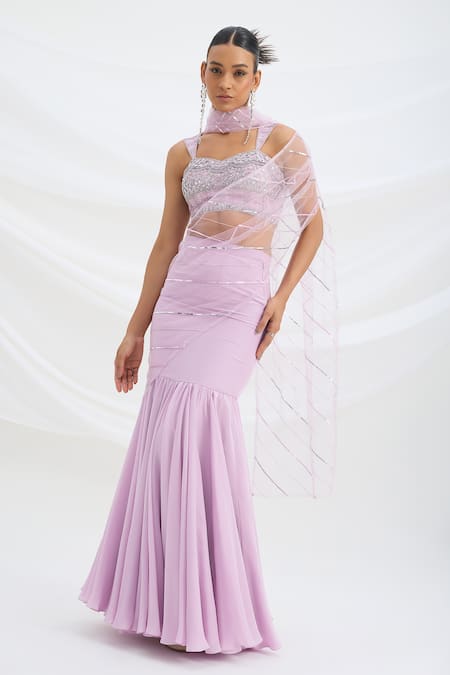 Shop_Mirroir_Lilac Viscose, Net Sequins, Beads Round Neck Purple Designer Lehenga Saree _Online_at_Aza_Fashions