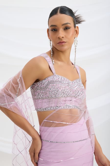 Mirroir_Lilac Viscose, Net Sequins, Beads Round Neck Purple Designer Lehenga Saree _at_Aza_Fashions