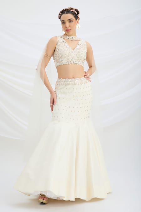 Mirroir Beige Viscose, Net, Silk Sequins, Beads V-neck Embroidered Fusion Lehenga Set 