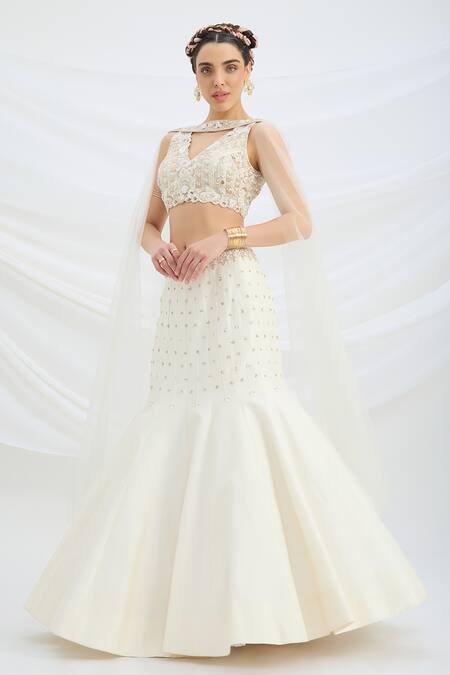 Shop Mirroir Beige Viscose, Net, Silk Sequins, Beads V-neck Embroidered Fusion Lehenga Set Online at Aza Fashions Shop_Mirroir_Beige Viscose, Net, Silk Sequins, Beads V-neck Embroidered Fusion Lehenga Set _Online_at_Aza_Fashions