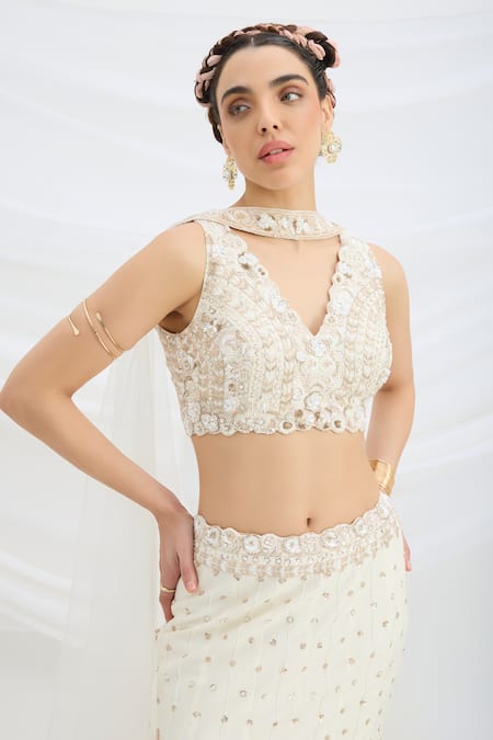 Mirroir Beige Viscose, Net, Silk Sequins, Beads V-neck Embroidered Fusion Lehenga Set at Aza Fashions Mirroir_Beige Viscose, Net, Silk Sequins, Beads V-neck Embroidered Fusion Lehenga Set _at_Aza_Fashions