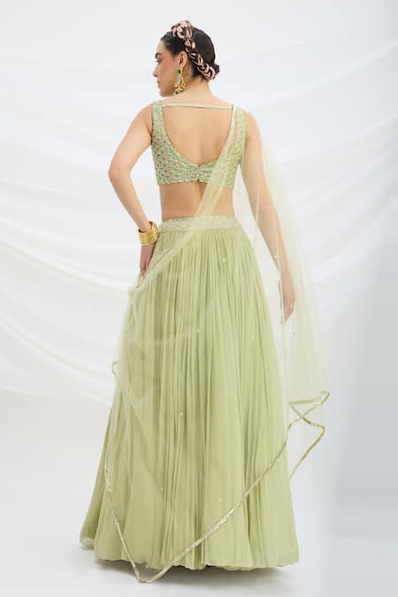Mirroir Green Chiffon, Net, Viscose Sequins, Embroidery V-neck Pista Lehenga Set Online at Aza Fashions Mirroir_Green Chiffon, Net, Viscose Sequins, Embroidery V-neck Pista Lehenga Set _Online_at_Aza_Fashions