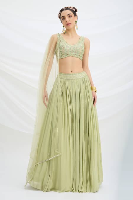 Buy Mirroir Green Chiffon, Net, Viscose Sequins, Embroidery V-neck Pista Lehenga Set Online at Aza Fashions Buy_Mirroir_Green Chiffon, Net, Viscose Sequins, Embroidery V-neck Pista Lehenga Set _Online_at_Aza_Fashions