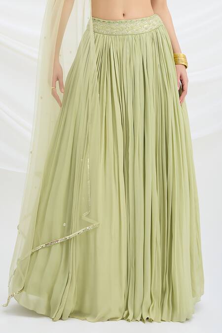 Shop Mirroir Green Chiffon, Net, Viscose Sequins, Embroidery V-neck Pista Lehenga Set Online at Aza Fashions Shop_Mirroir_Green Chiffon, Net, Viscose Sequins, Embroidery V-neck Pista Lehenga Set _Online_at_Aza_Fashions