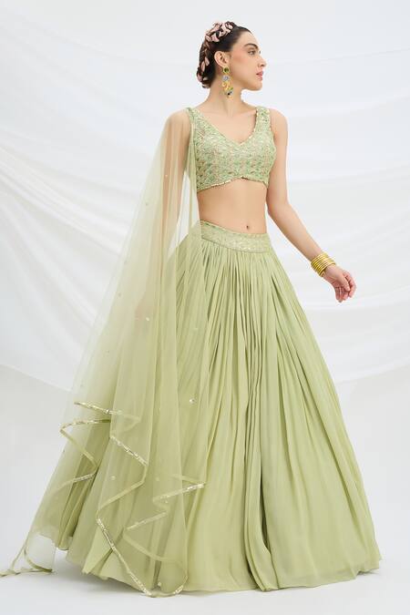 Mirroir Green Chiffon, Net, Viscose Sequins, Embroidery V-neck Pista Lehenga Set at Aza Fashions Mirroir_Green Chiffon, Net, Viscose Sequins, Embroidery V-neck Pista Lehenga Set _at_Aza_Fashions