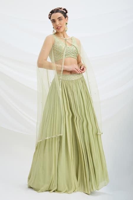 Buy Mirroir Green Chiffon, Net, Viscose Sequins, Embroidery V-neck Pista Lehenga Set Buy_Mirroir_Green Chiffon, Net, Viscose Sequins, Embroidery V-neck Pista Lehenga Set