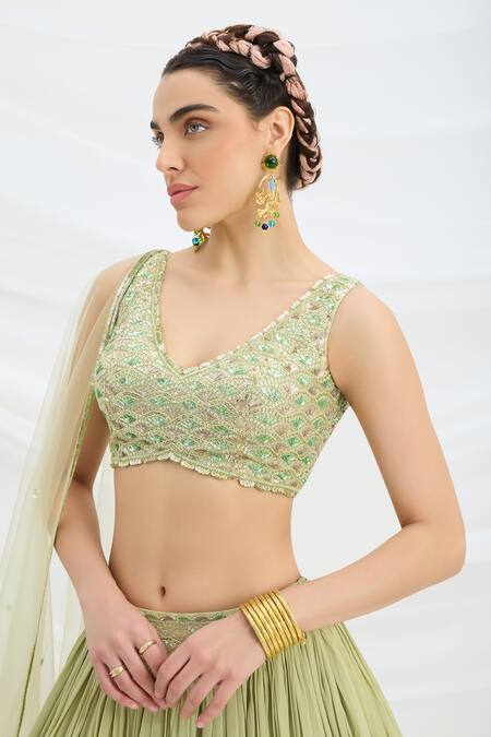 Shop Mirroir Green Chiffon, Net, Viscose Sequins, Embroidery V-neck Pista Lehenga Set Shop_Mirroir_Green Chiffon, Net, Viscose Sequins, Embroidery V-neck Pista Lehenga Set