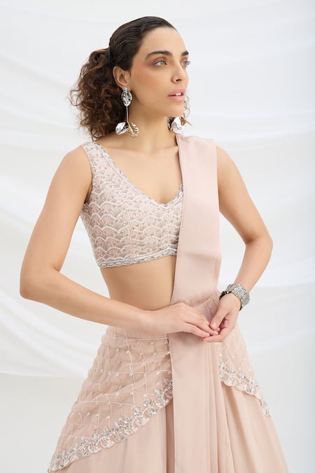 Mirroir_Pink Viscose, Crepe Sequins, Embroidery Round Light Embellished Lehenga Set _Online_at_Aza_Fashions
