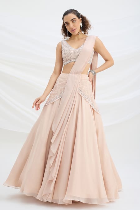 Mirroir Pink Viscose, Crepe Sequins, Embroidery Round Light Embellished Lehenga Set 
