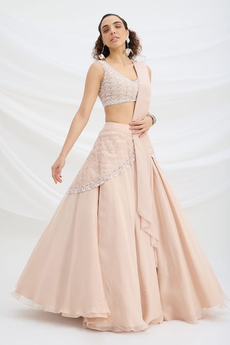 Buy_Mirroir_Pink Viscose, Crepe Sequins, Embroidery Round Light Embellished Lehenga Set _Online_at_Aza_Fashions