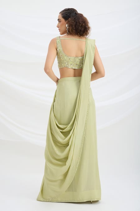 Mirroir Sage Green Pre-Draped Saree Set 