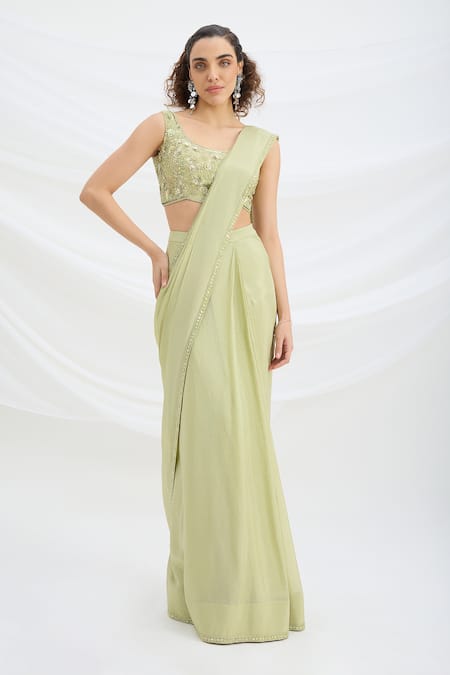 Mirroir Green Chiffon, Viscose Embroidery, Sequins, Beads Sage Pre-draped Saree Set 