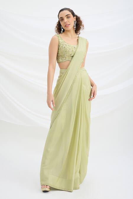 Mirroir_Green Chiffon, Viscose Embroidery, Sequins, Beads Sage Pre-draped Saree Set _Online_at_Aza_Fashions