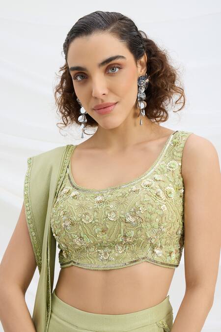 Buy_Mirroir_Green Chiffon, Viscose Embroidery, Sequins, Beads Sage Pre-draped Saree Set _Online_at_Aza_Fashions