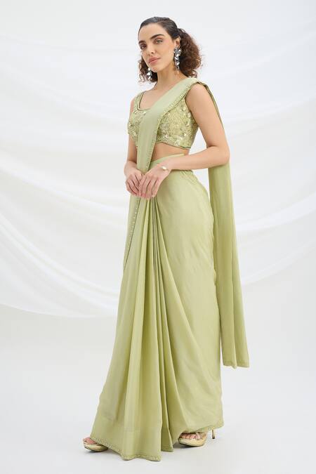 Shop_Mirroir_Green Chiffon, Viscose Embroidery, Sequins, Beads Sage Pre-draped Saree Set _Online_at_Aza_Fashions