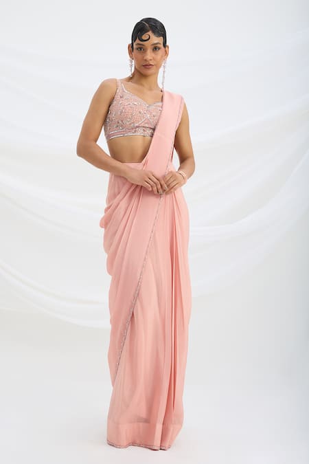 Mirroir Peach Pink Pre-Draped Saree Set 