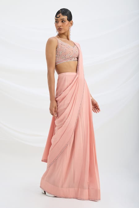 Mirroir_Peach Chiffon, Viscose Sequins, Beads V-neck Pink Pre-draped Saree Set _Online_at_Aza_Fashions