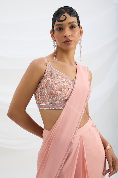 Buy_Mirroir_Peach Chiffon, Viscose Sequins, Beads V-neck Pink Pre-draped Saree Set _Online_at_Aza_Fashions