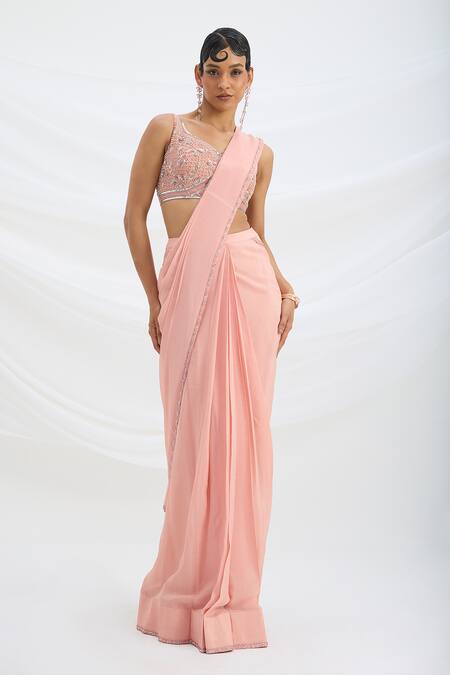 Shop_Mirroir_Peach Chiffon, Viscose Sequins, Beads V-neck Pink Pre-draped Saree Set _Online_at_Aza_Fashions