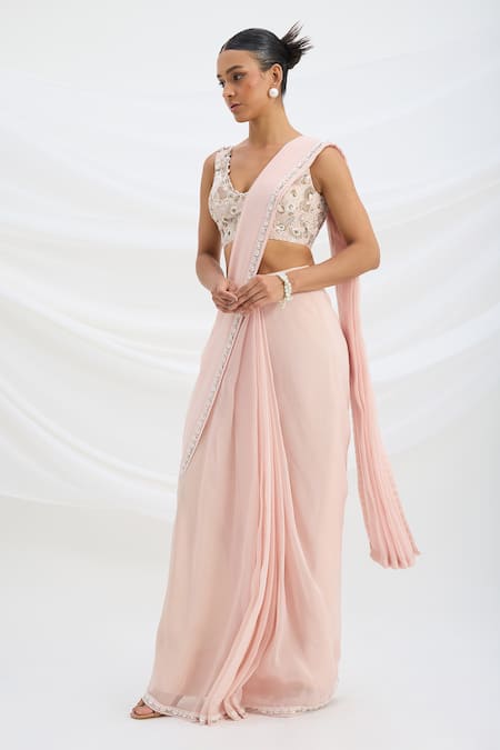 Mirroir_Pink Viscose, Organza, Crepe Embroidery Light Pre-draped Saree And Blouse Set _Online_at_Aza_Fashions