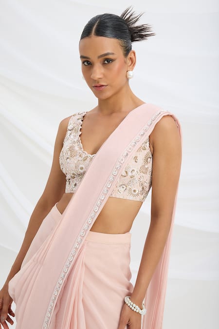 Buy_Mirroir_Pink Viscose, Organza, Crepe Embroidery Light Pre-draped Saree And Blouse Set _Online_at_Aza_Fashions