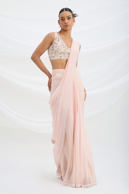 Shop_Mirroir_Pink Viscose, Organza, Crepe Embroidery Light Pre-draped Saree And Blouse Set _Online_at_Aza_Fashions