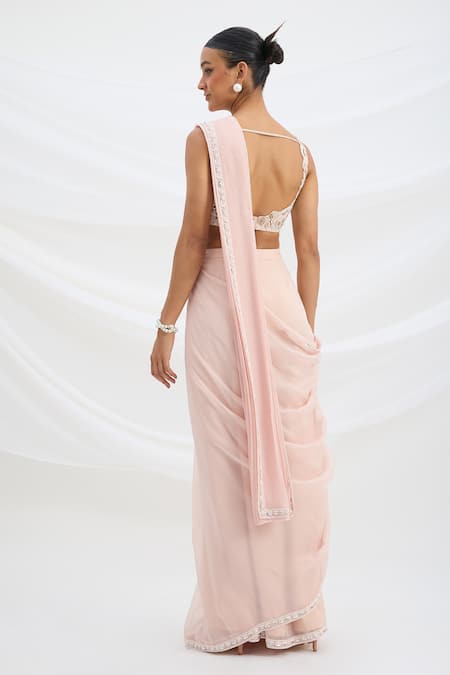 Mirroir Light Pink Pre-Draped Saree & Blouse Set 