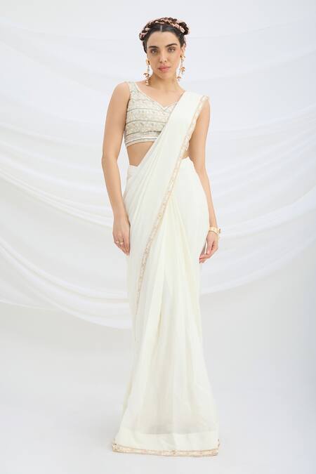Mirroir_Off White Viscose, Chiffon Embroidery, Beads Designer Pre-draped Saree Set _Online_at_Aza_Fashions