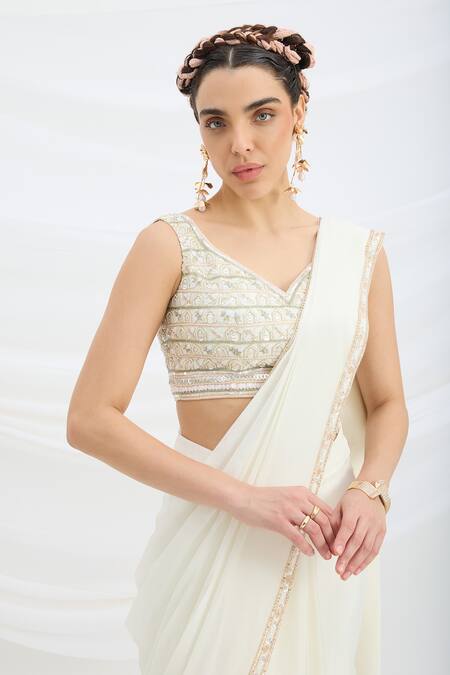 Buy_Mirroir_Off White Viscose, Chiffon Embroidery, Beads Designer Pre-draped Saree Set _Online_at_Aza_Fashions