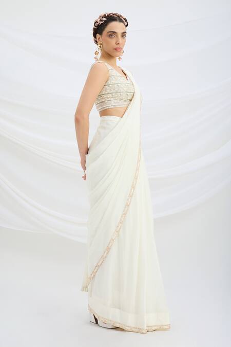 Shop_Mirroir_Off White Viscose, Chiffon Embroidery, Beads Designer Pre-draped Saree Set _Online_at_Aza_Fashions